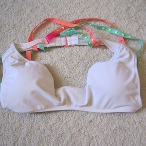 Victoria's Secret Swim~White Bikini Top w/Peach & Green Jeweled Straps~Small